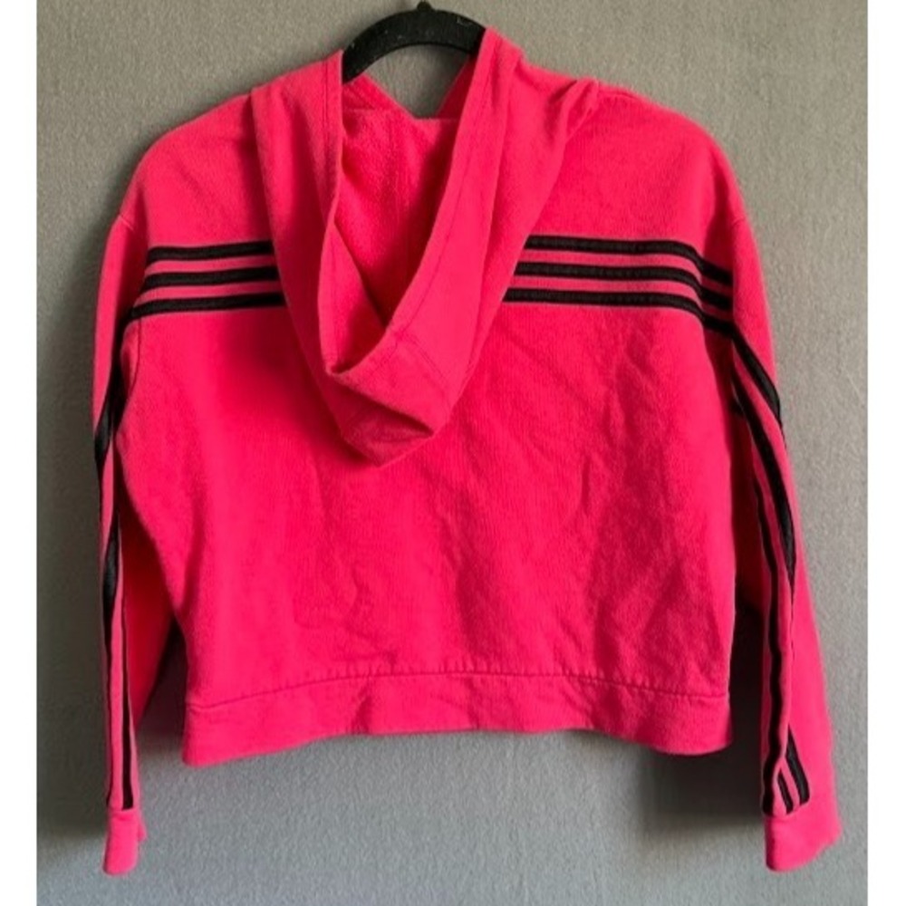 Adidas Youth Girls Crooped Hoodie M (10/12) Pink Logo 3 Stripe Pullover Pockets - Picture 2 of 14